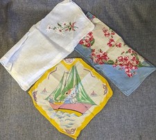 Vintage Handkerchief Lot of 3 Embroider Daisy Floral Novelty Sailboat Bear Hanky picture