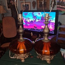 Vintage 1970s  EF & EF Industries Amber Glass Lamps With Internal Night Lights picture