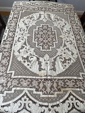 Heavy French Lace Antique Handmade Linen Tablecloth Beige 88” X 100” picture