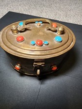 Native American Brass Trinket Box, Rare, Coral & Turquoise picture