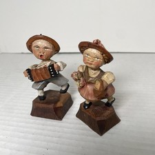 Vintage Anri Wood Carved Painted Alpine Girl & Boy Figurines  w/Accordion 2.75” picture