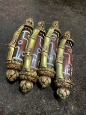 4Pcs Rare Tibetan Brass Inlay Agate Dzi *9Eyed* Bead Pendants  picture