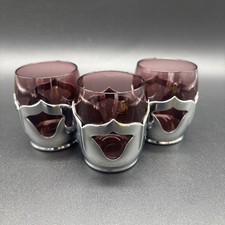 Vintage Farber Bros. Krome Kraft Amethyst Glass & Chrome Set of 3 Cordial Shot picture