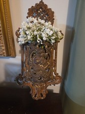 Antique Victorian Cast Iron Wall Match Holder Safe Cherub Putto Ornate Scroll picture