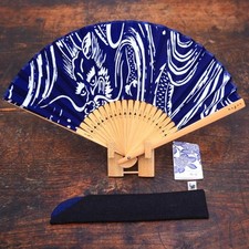 Nugoo Hand-Dyed Tenugui Fan Waves & Dragons in Wood Box picture