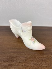 Vtg 1970s Fenton Victorian White & Pink Glass  Hand painted & Signed Shoe picture