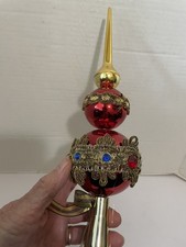 VTG. RED FINIAL PLASTIC TREE TOPPER BEJEWELED RHINESTONES picture