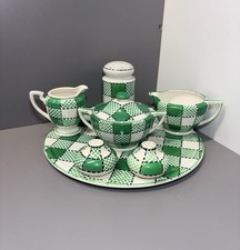 Checkers Kikusui Japan Ceramic Green/White Salt Pepper Sugar Creamer Tray Set  picture