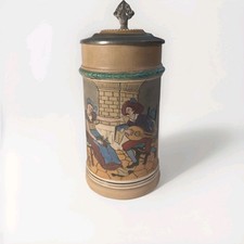 Rare Antique 1900's J.W Remy Etched Lidded Beer Stein #1291 Wine Table Scene picture