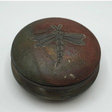 Handmade Raku Pottery Trinket Box w/ Dragonfly Design picture