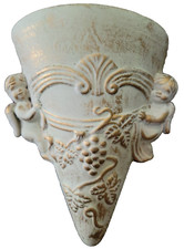 Pottery Wall Pocket Vase White Green Gold Distressed Cherubs Grapevine Vtg 9x7x3 picture
