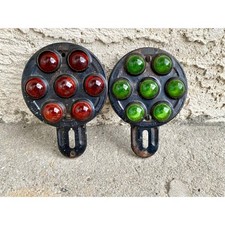 2 Vintage Federal No 7 Cat Eye Reflectors Red Green Glass License Plate Topper picture
