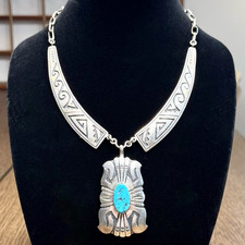 Vintage Thomas Singer Sterling Silver Turquoise Navajo Statement Necklace 85g picture