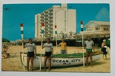 1973 NJ Postcard Ocean City New Jersey Lifeguards lifeboat boardwalk hotel beach picture