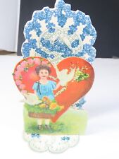 Antique Victorian Valentine Card Die Cut Fold Out Girl Dove Flower Germany C7565 picture