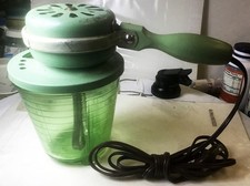 Hazel Atlas Challenge Electric Vaseline Glass Mixer 1930 WORKS GREAT Wood Handle picture
