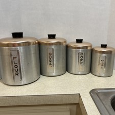 Vintage MCM Set of 4 Spun Aluminum Maid Of Honor Canisters with Copper Lids picture