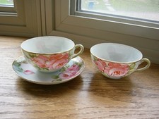 Antique NIPPON Hand Painted 2 Teacup & 1 Saucer Gold Gilded Pink Roses picture