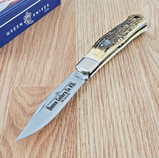 Queen Folding Knife Satin 1095HC Steel Clip Point Blade Burnt Stag Horn Handle picture