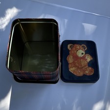Vintage Henco Hinged Plaid Teddy Bear Basket Tin picture