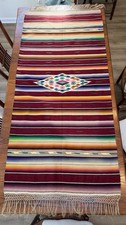 VTG 20s/50s Mexican Wool Saltillo Serape Blanket Rug Runner w/Fringe 33x70 Vivid picture