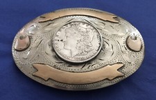 Vintage Handcrafted Western Flair 1890 Morgan Dollar 2 Banner Trophy Belt Buckle picture