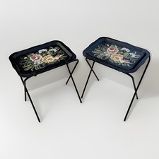 Vintage MCM Toleware Roses Bouquet Scalloped Metal Folding TV Tray Stand Set(2) picture