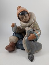 Large Lladro Eskimo Boy with Fish and Seal Figurine. Gres Finish #2361 Retired picture