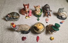 Lot of 8 Cat Pill Boxes Metal Enameled Hinged Jeweled Matching Trinkets picture