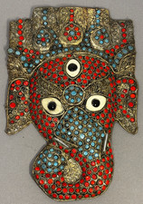 Antique Vintage Ganesh Tibetan Handmade Metal Mask with Coral & Turquoise Stone picture