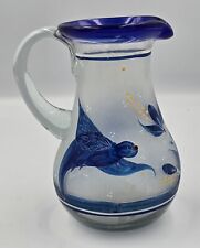 vintage antique hand blown hand painted pitcher / vase clear blue Glass picture