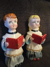 Vintage Ceramic Christmas Carolers Made Japan Gem Blue Eyes 5.5” Boy & Girl picture