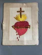 Antique Handcrafted religious Embroidered Sacred Heart 10” x 8” linen fabric picture