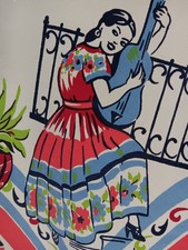 vintage mexican tablecloth Adorable Senorita guitar, bullfighter Pottery Serape picture