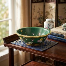 Vintage Chinese Cloisonne Enameled Brass Fluted Bowl Green Blossom Bird 6.75