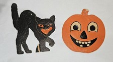 Vintage 1930s/40s Biestle/H.E Luhrs Die Cut Jack-O-Lantern/Black Cat Halloween  picture