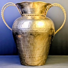 Vintage Large Hammered Brass Vase Urn Twisted Rope Handles Scalloped Rim picture