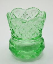 Green Vaseline Glass Toothpick Holder Westmoreland Scalloped Edges Fan Diamond picture