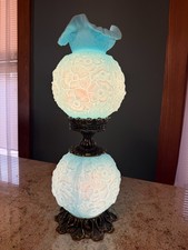 Vintage Fenton Blue Glass Poppy Gone with the Wind Lamp, 24in Tall MCM Ball Lamp picture