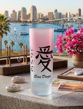 Love San Diego Frosted Shot Glass Pink Teal Gradient Kanji Character Kanji Ai picture
