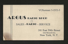 Vtg 1930s Argus Radio Shop NYC Business Card Radio Log Station Frequencies picture