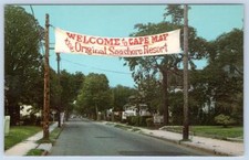 1970's WELCOME TO CAPE MAY NJ ORIGINAL SEASHORE RESORT ENTRANCE BANNER POSTCARD picture