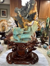 Blue Amazonite Phoenix Bird and Dragon with custom wood stand picture