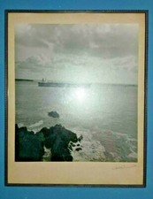 Large Vintage Black & White Photograph of Ship at Sea 1950s 1960s Signed  picture