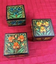 Vtg Hand Painted Kashmiri Wooden Trinket Boxes Set 3 Floral Lacquered Box Lot picture