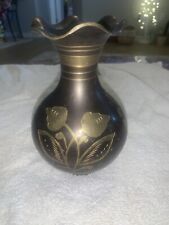 Vintage  Solid Antique Brass Color Vase India Engraved Floral Design 8
