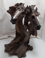 Horse Heads Carved Wood Look Resin Statue Figurine & Eagle Back 12” H #P0730 NOS picture