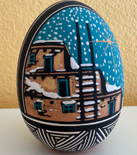 Acoma Pueblo Native American terra-cotta Emil Chino Signed art Christmas egg picture