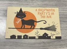 Vintage American Greetings Halloween Party Invitation Black Cat Witch Broom Card picture