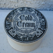 Antique, Gothic print Cold Cream featuring fruit and scroll border, jar, pot lid picture